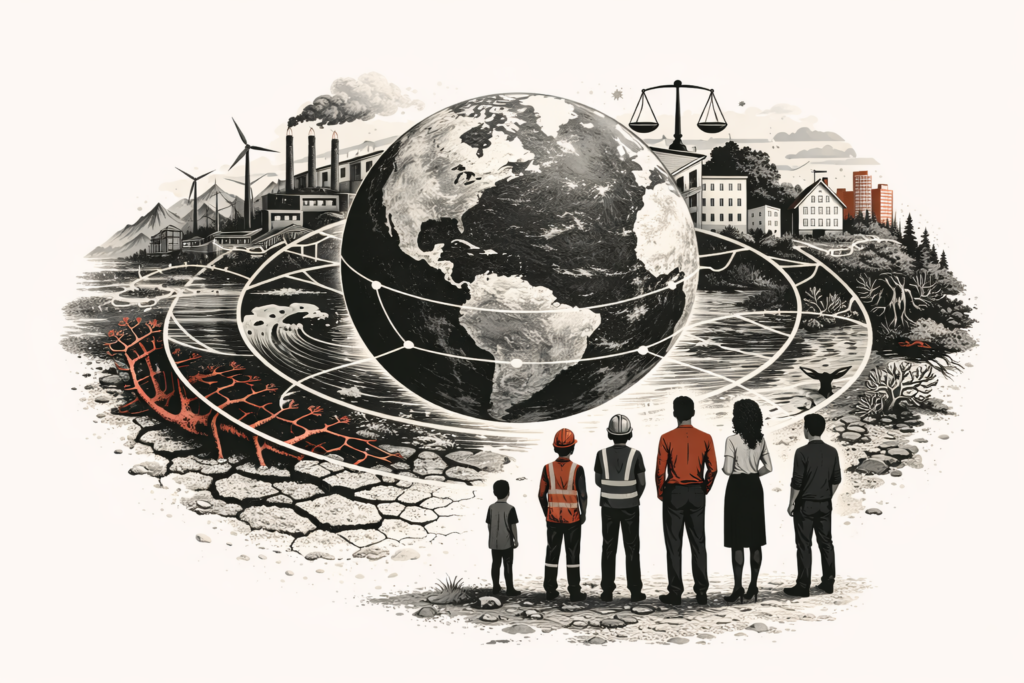 Editorial illustration of planetary stewardship and civilizational responsibility, showing the Earth at the center of interconnected ecological, industrial, institutional, and human systems under conditions of planetary strain.