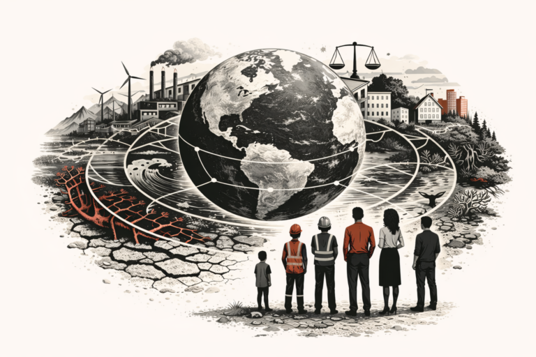 Editorial illustration of planetary stewardship and civilizational responsibility, showing the Earth at the center of interconnected ecological, industrial, institutional, and human systems under conditions of planetary strain.