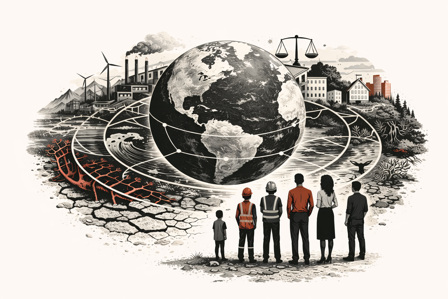 Editorial illustration of planetary stewardship and civilizational responsibility, showing the Earth at the center of interconnected ecological, industrial, institutional, and human systems under conditions of planetary strain.