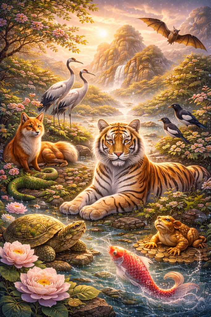 Mythic landscape of symbolic animals including a tiger, fox, turtle, koi, cranes, snake, bat, and toad in a radiant scene of omen, luck, and protection
