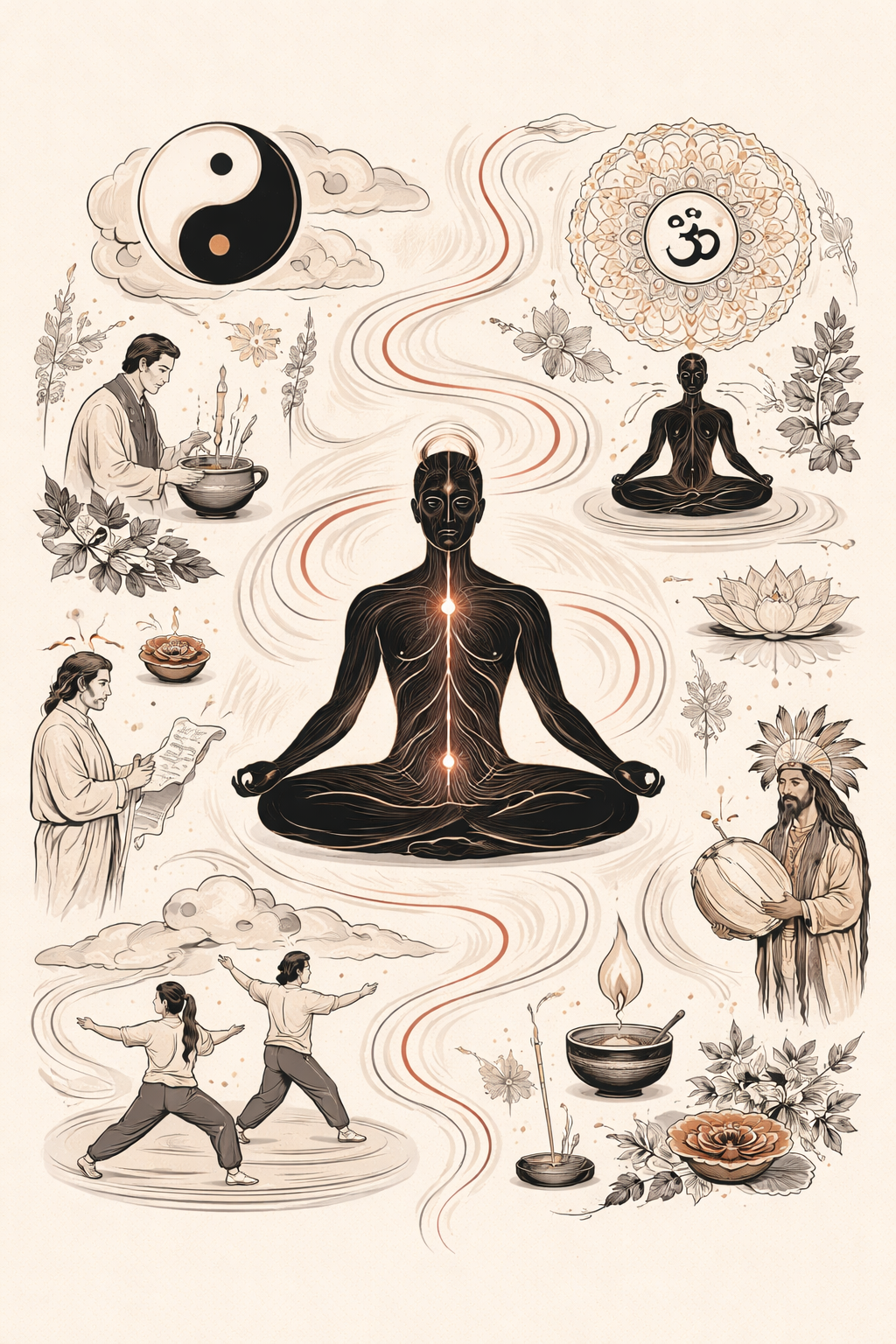 Editorial illustration of vital energy and healing traditions, showing a central meditative figure with flowing lines of breath and vitality surrounded by symbols and practitioners associated with multiple healing systems.