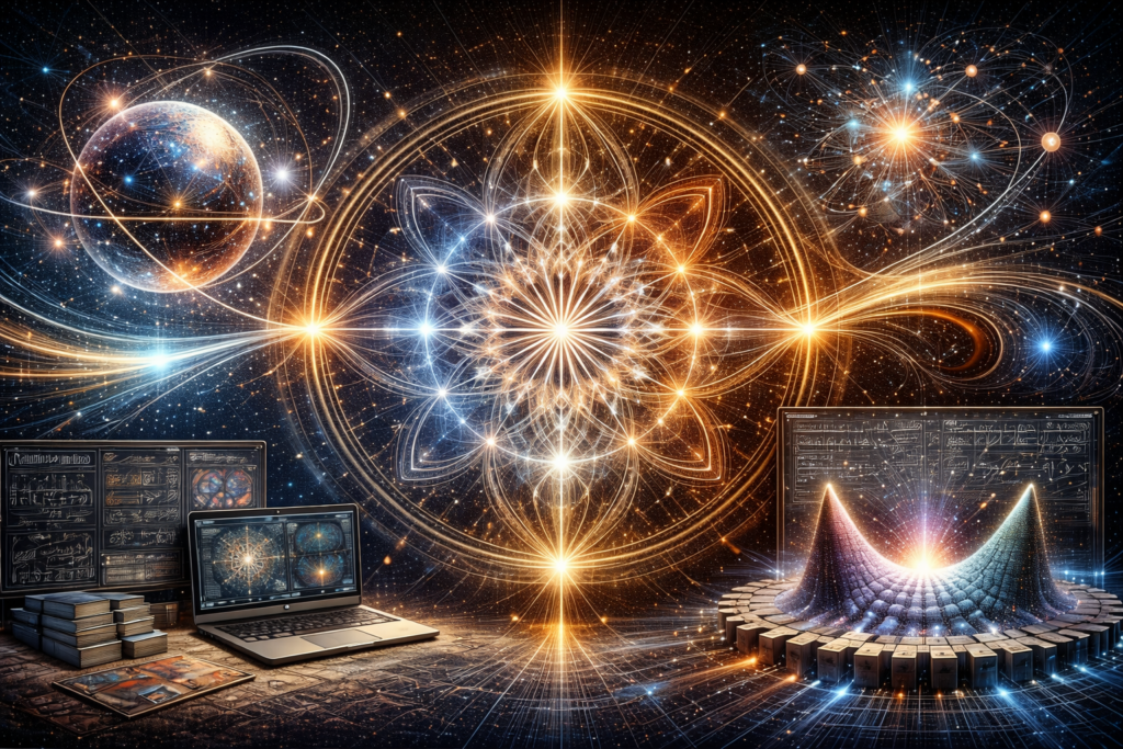 Editorial illustration of symmetry, law, and physical order featuring a radiant geometric mandala, mirrored orbital forms, symmetry-breaking landscape imagery, and computational analysis displays.