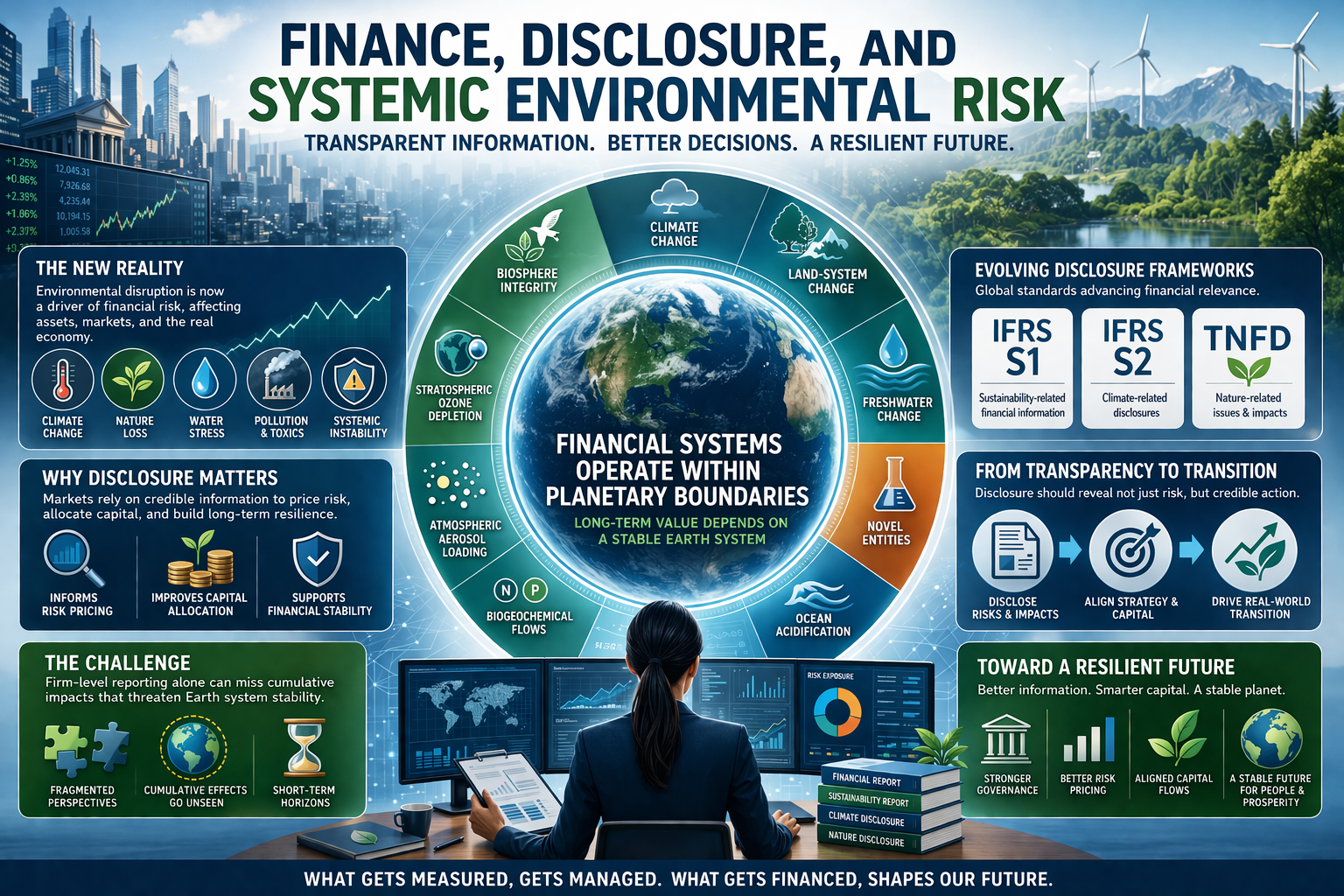 Infographic showing finance, disclosure, and systemic environmental risk, with Earth inside a planetary-boundaries framework and surrounding visual references to IFRS S1, IFRS S2, TNFD, firm-level versus Earth system risk, transition credibility, capital allocation, and resilient finance.