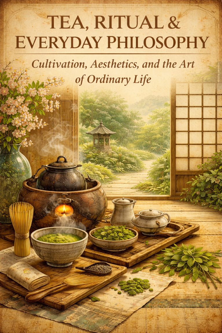 Editorial illustration inspired by tea culture featuring a kettle, bowl, whisk, tea leaves, blossoms, and a serene garden setting that evokes ritual, cultivation, and everyday philosophical life.