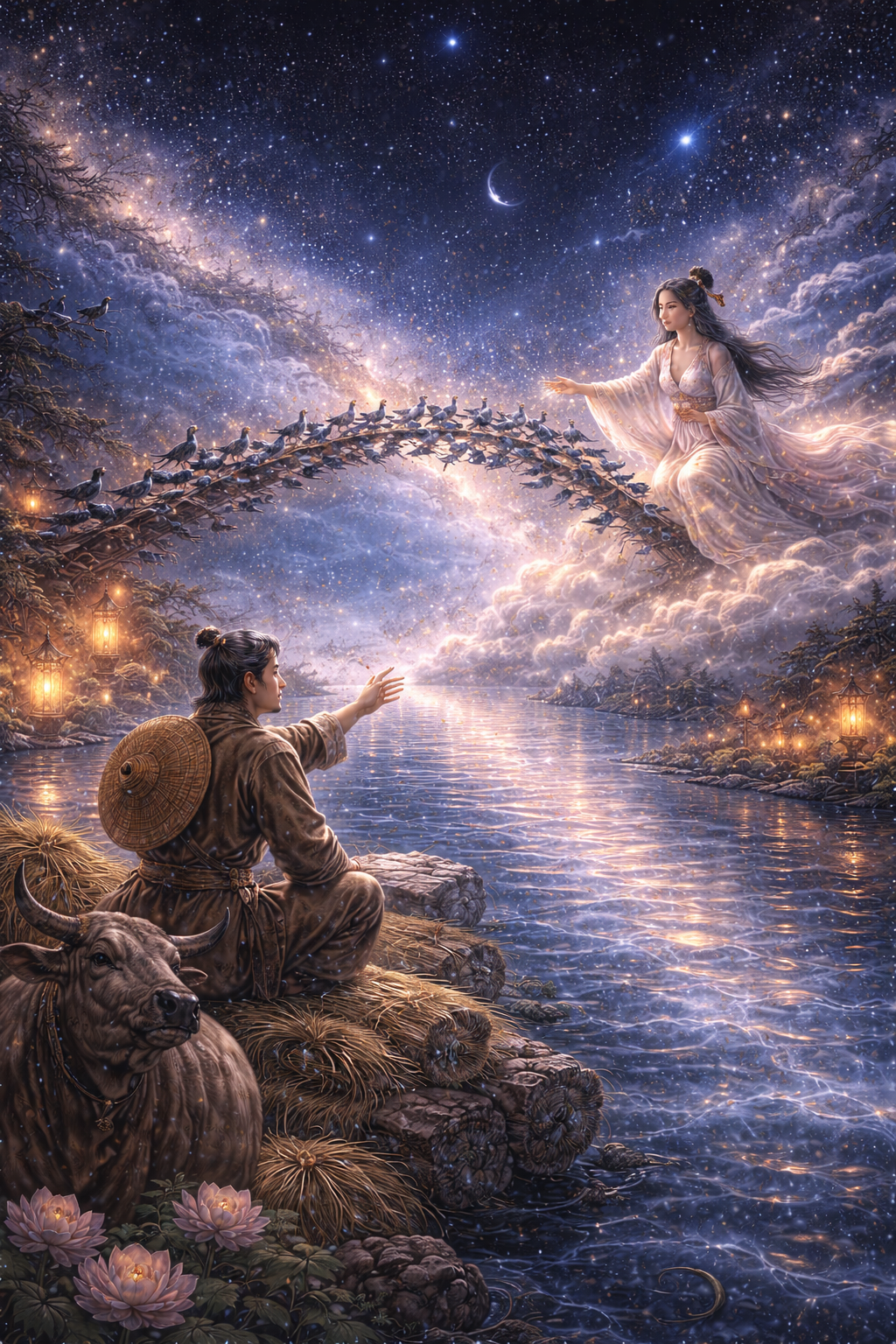 Mythic scene of the Cowherd and the Weaver Girl reaching toward each other across the River of Heaven as magpies form a bridge beneath a star-filled sky