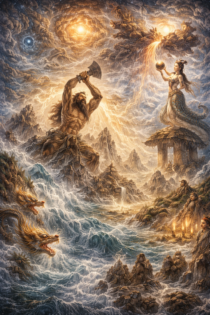 Mythic Chinese creation scene with cosmic storm, Pangu separating heaven and earth, Nüwa repairing the sky, floodwaters, and emerging world order
