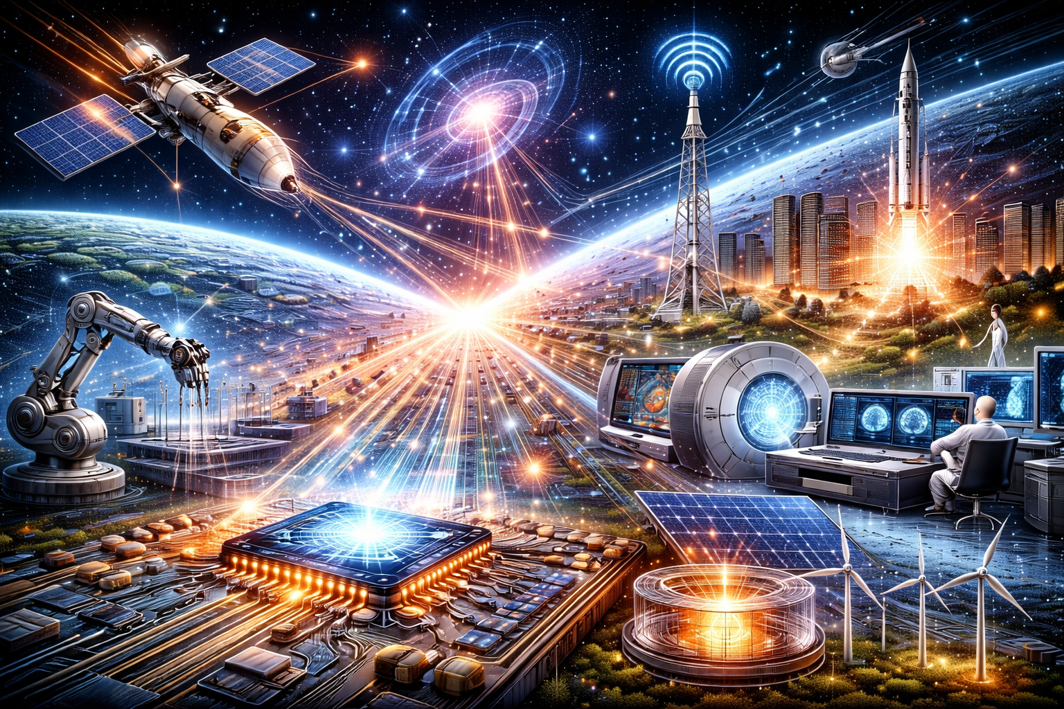 Editorial illustration of physics, technology, and the modern world featuring a semiconductor chip, robotic automation, medical imaging systems, renewable energy infrastructure, satellites, communication networks, and advanced computational displays.