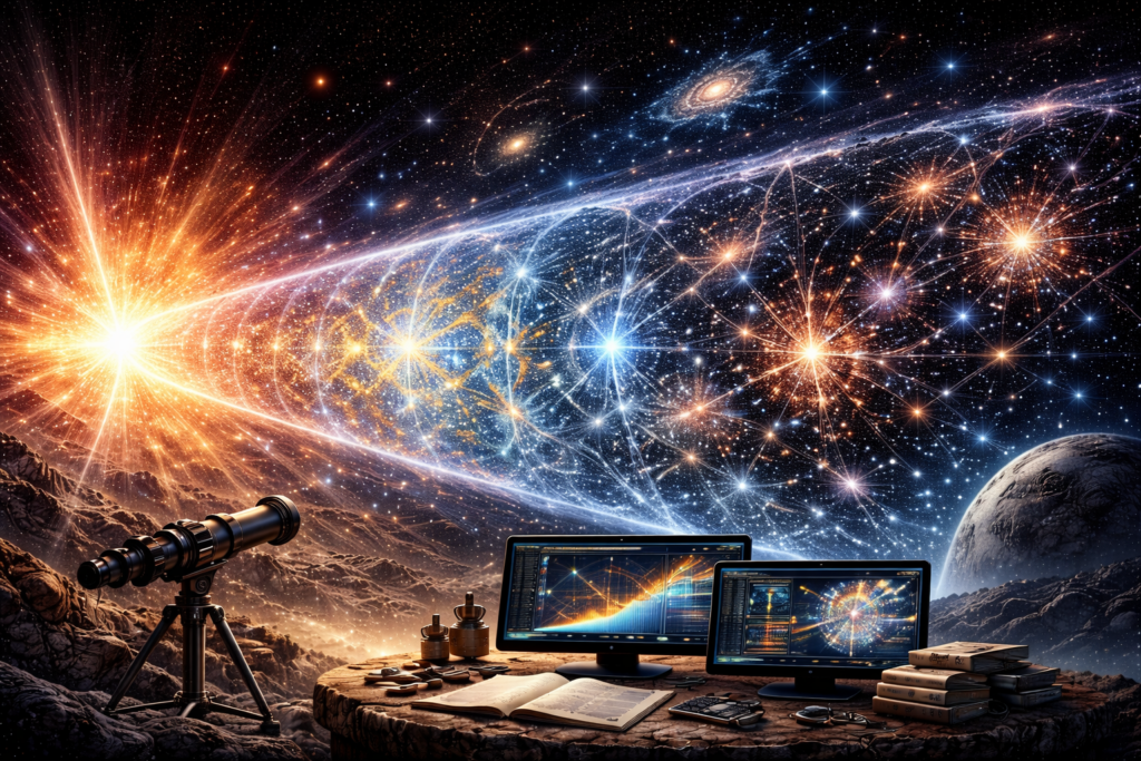 Editorial illustration of cosmology and the history of the universe featuring early-universe expansion, cosmic background-like structure, galaxy formation, large-scale filaments, telescopic observation, and cosmological data-analysis displays.