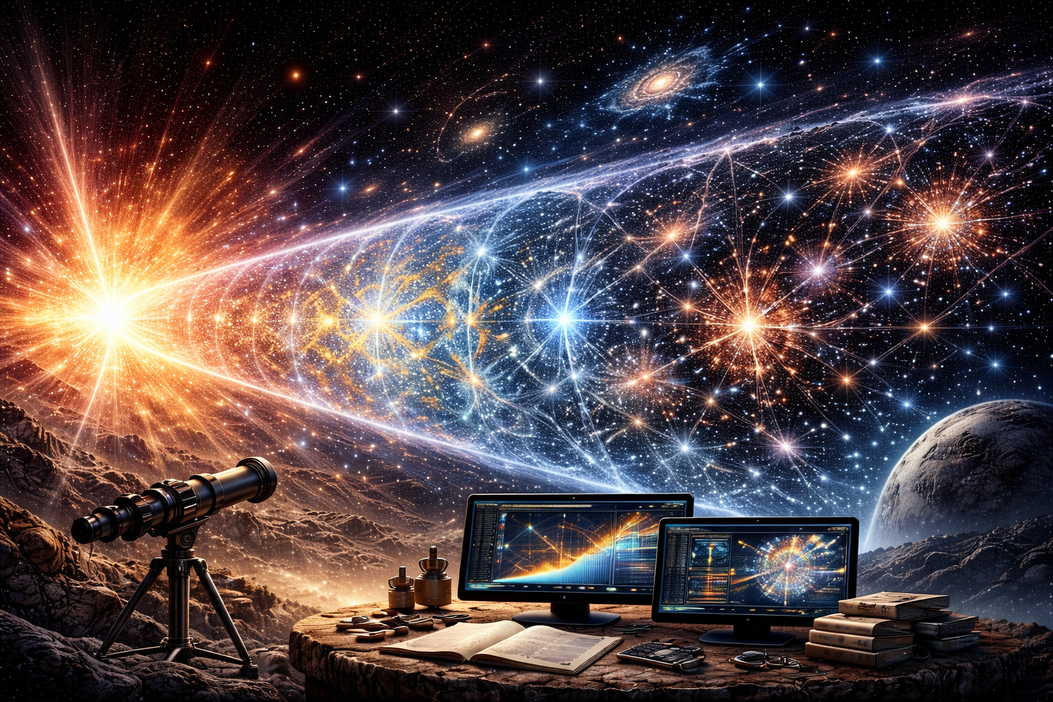 Editorial illustration of cosmology and the history of the universe featuring early-universe expansion, cosmic background-like structure, galaxy formation, large-scale filaments, telescopic observation, and cosmological data-analysis displays.