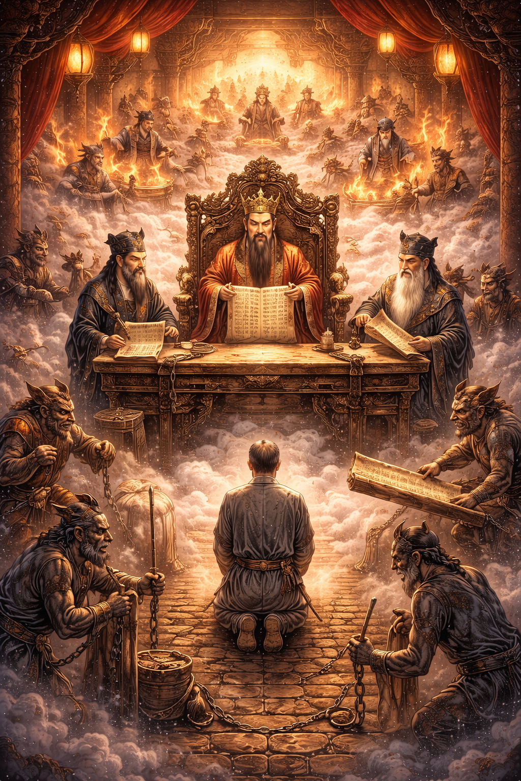 Mythic Chinese underworld court with infernal judges, scribes, demon wardens, ledgers, and a soul kneeling before bureaucratic judgment