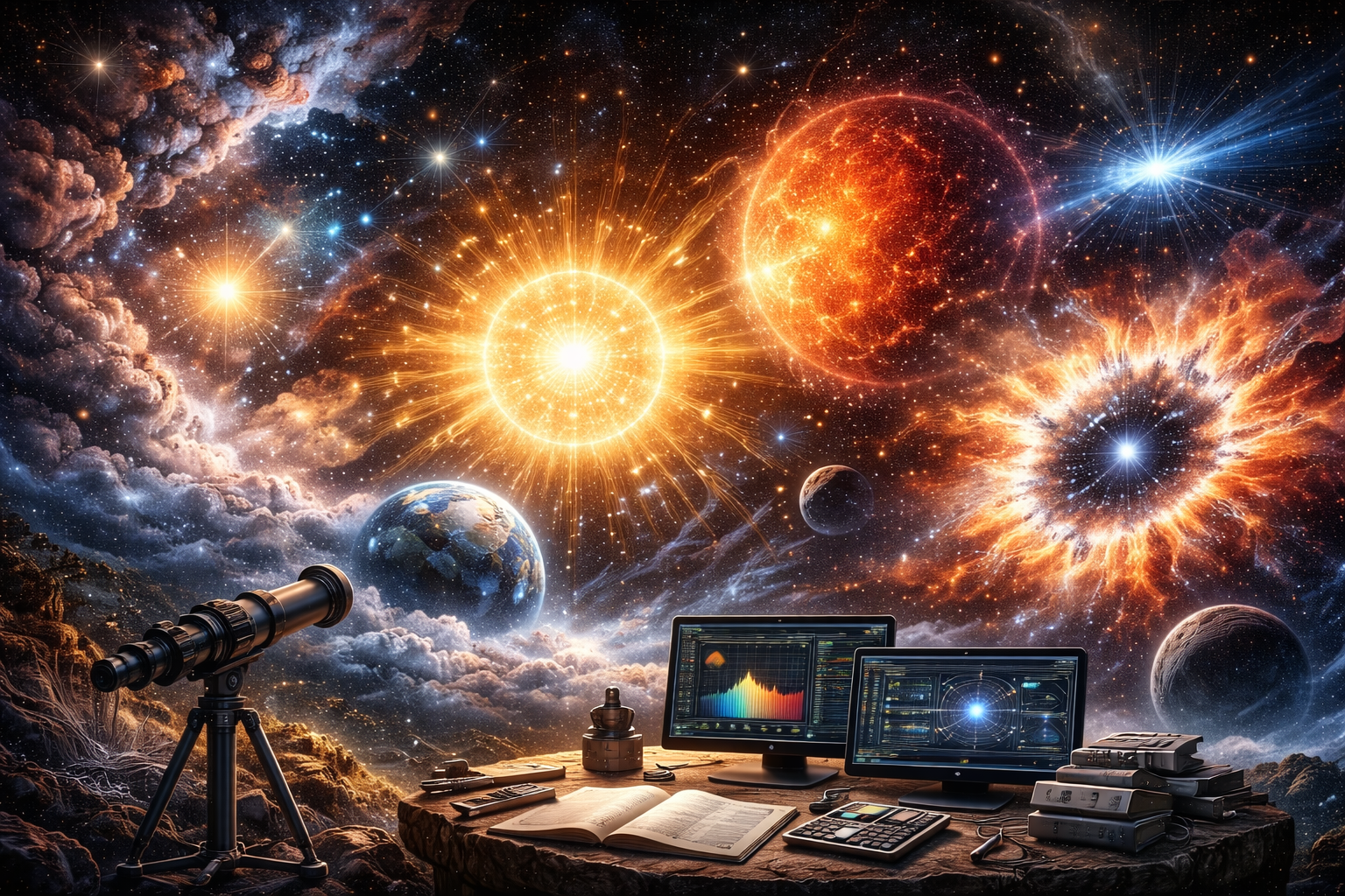 Editorial illustration of astrophysics and the life of stars featuring a stellar nebula, a main-sequence star, red giant expansion, supernova-like stellar death, planetary bodies, telescopic observation, and spectral analysis displays.
