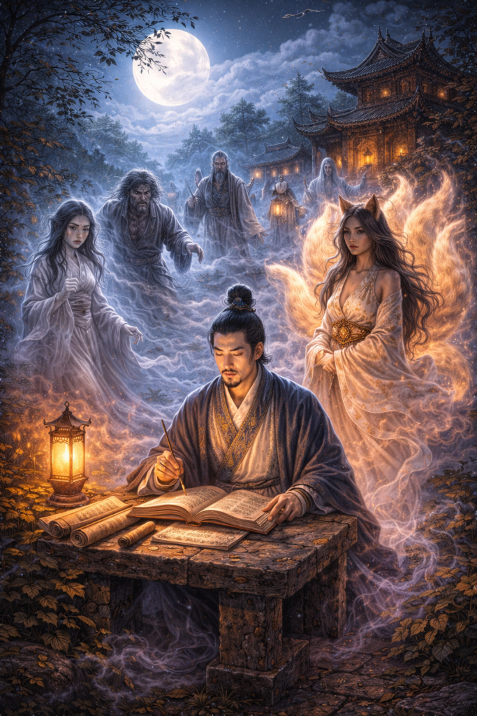 Mythic scene of a Chinese scholar writing by lantern light as ghosts, revenants, and a fox spirit gather in a moonlit landscape, symbolizing the rise of supernatural literature