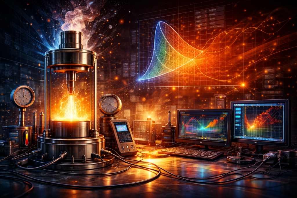 Editorial illustration of thermodynamics featuring a heated piston-cylinder system, thermal instrumentation, process curves, and computational modeling with no internal text