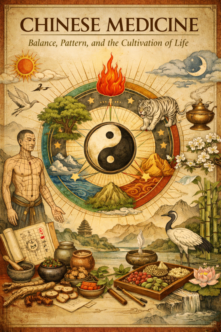 Editorial illustration inspired by Chinese medicine featuring yin-yang symbolism, the Five Phases, acupuncture meridians, herbs, vessels, mountains, cranes, and a balanced cosmological composition.