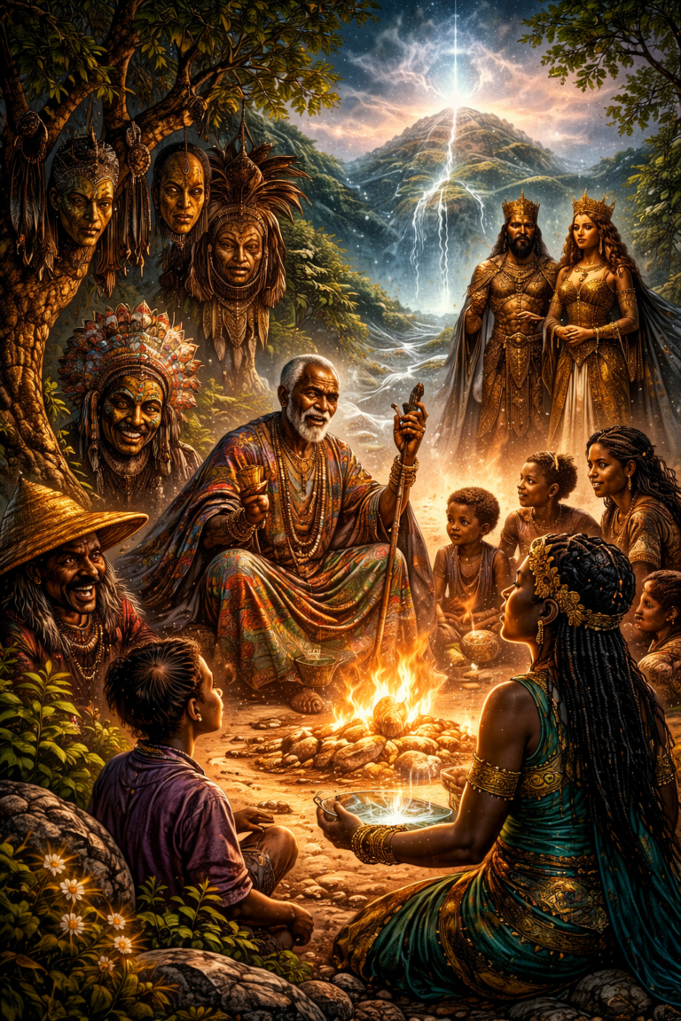Digital painting inspired by African myth and sacred narrative featuring storytellers, spirit presences, sacred landscapes, royal symbolism, masks, and oral tradition motifs.