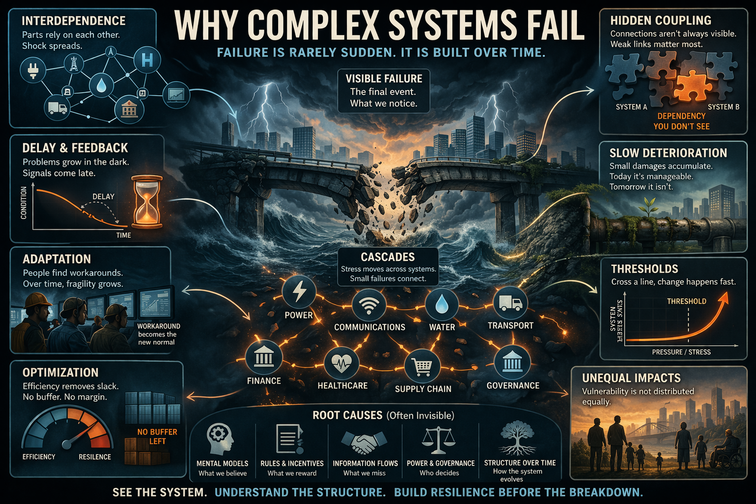 Infographic-style editorial illustration for “Why Complex Systems Fail” showing a collapsing bridge, storm surge, interconnected infrastructure networks, hidden coupling, delayed feedback, thresholds, and cascading failure across power, water, transport, healthcare, and governance systems.