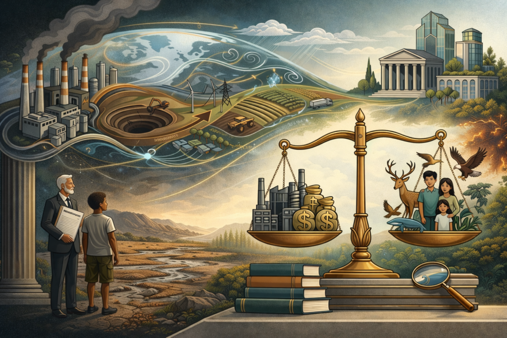 Editorial illustration for responsibility in the Anthropocene showing factories, mining, farmland, governance buildings, a child and elder observer, and a balance scale weighing industrial wealth against a family, wildlife, and ecological life across a damaged landscape.