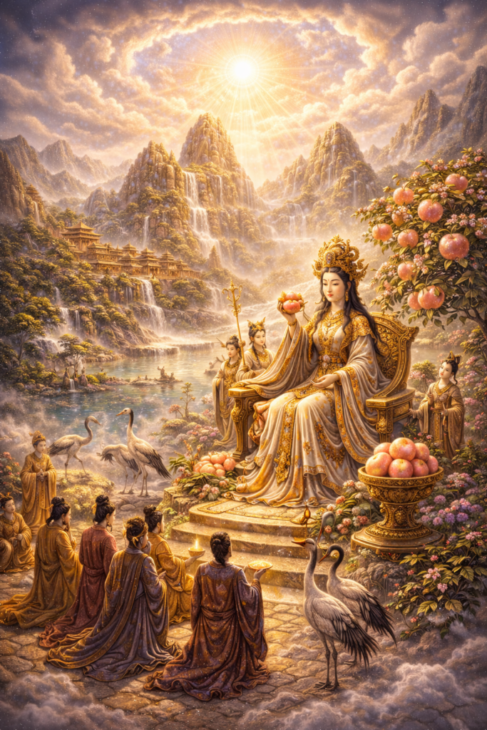 Mythic image of the Queen Mother of the West enthroned in a western paradise with peaches of immortality, sacred mountains, attendants, and celestial light