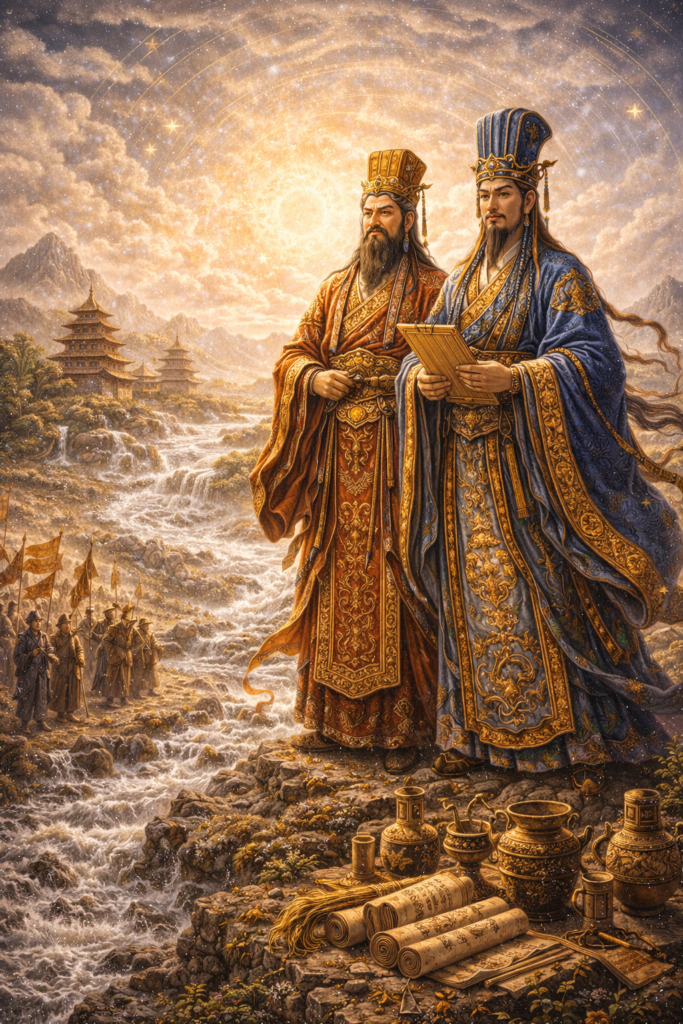 Mythic image of Yao and Shun as sage-kings in ceremonial robes beside flowing waters, ritual vessels, scrolls, and a cosmically ordered landscape