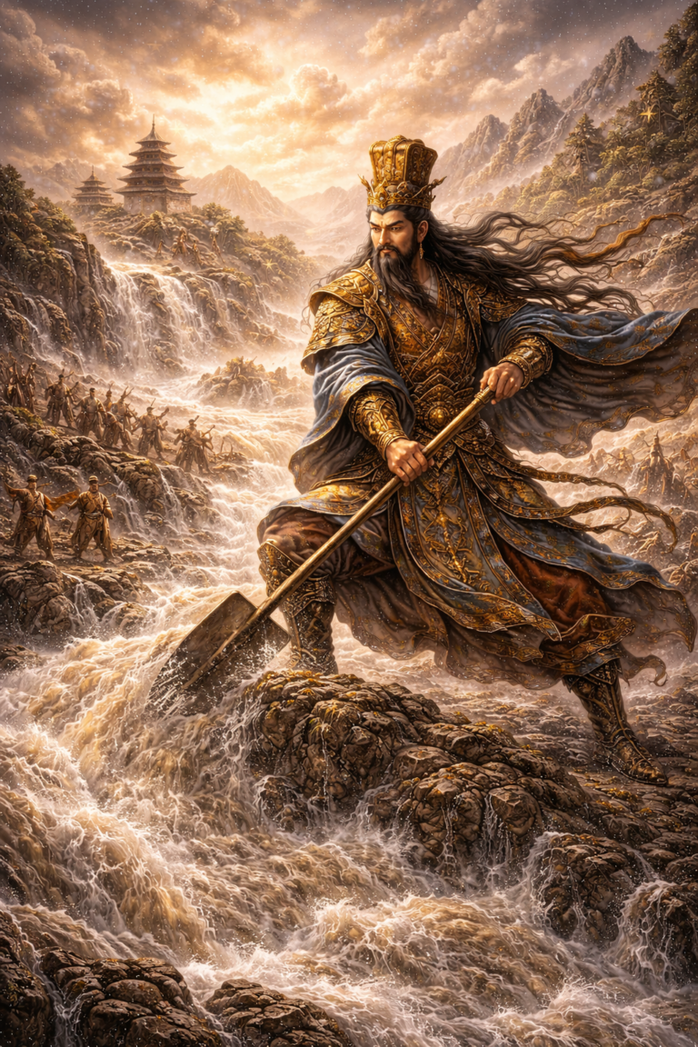 Mythic image of Yu the Great directing floodwaters across a rugged landscape with rushing rivers, laborers, mountains, and early structures of rule