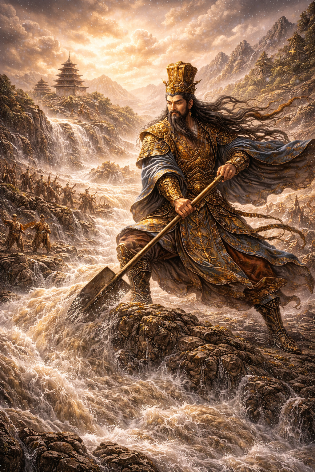 Mythic image of Yu the Great directing floodwaters across a rugged landscape with rushing rivers, laborers, mountains, and early structures of rule