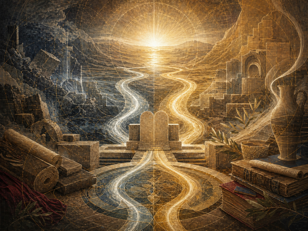 Editorial illustration of Aaron / Harun and sacred leadership shown through two luminous pathways, a central stone threshold, manuscripts, sacred vessels, olive leaves, fractured civic forms, and ordered sacred geometry.