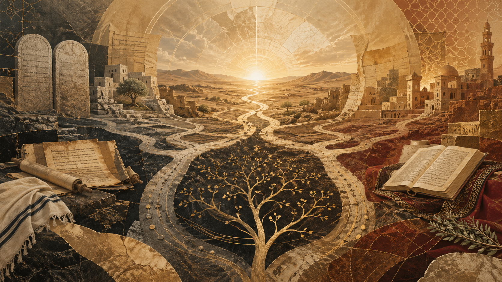 Editorial illustration of Abrahamic covenant and sacred ancestry shown through branching desert pathways, manuscript forms, covenantal light, and a genealogical tree motif across Judaism, Christianity, and Islam.
