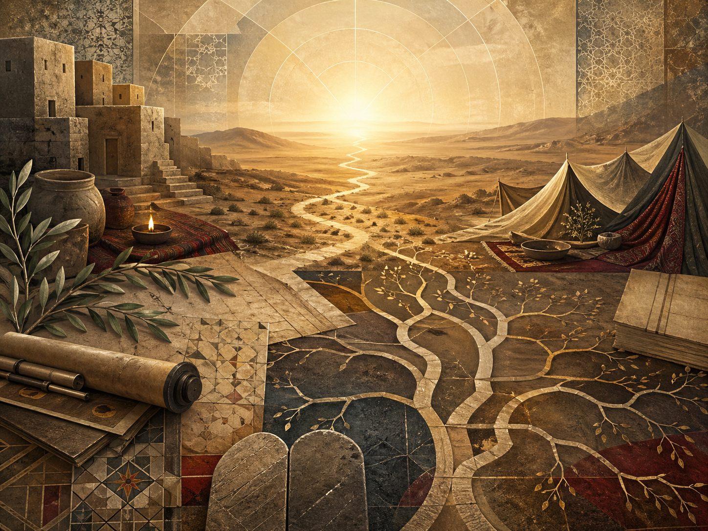 Editorial illustration of Abraham / Ibrahim as a shared Abrahamic figure shown through a desert path, luminous horizon, covenantal geometry, tent-like shelter, manuscripts, stone forms, olive leaves, and branching ancestral lines.