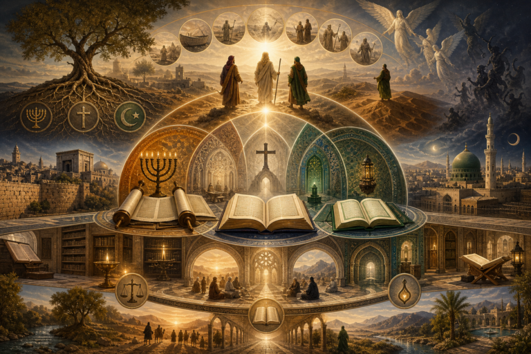 Symbolic religious-studies illustration showing Judaism, Christianity, and Islam through sacred books, architectural forms, desert landscapes, prophetic figures, angelic and demonic imagery, law, prayer, and shared Abrahamic sacred history.