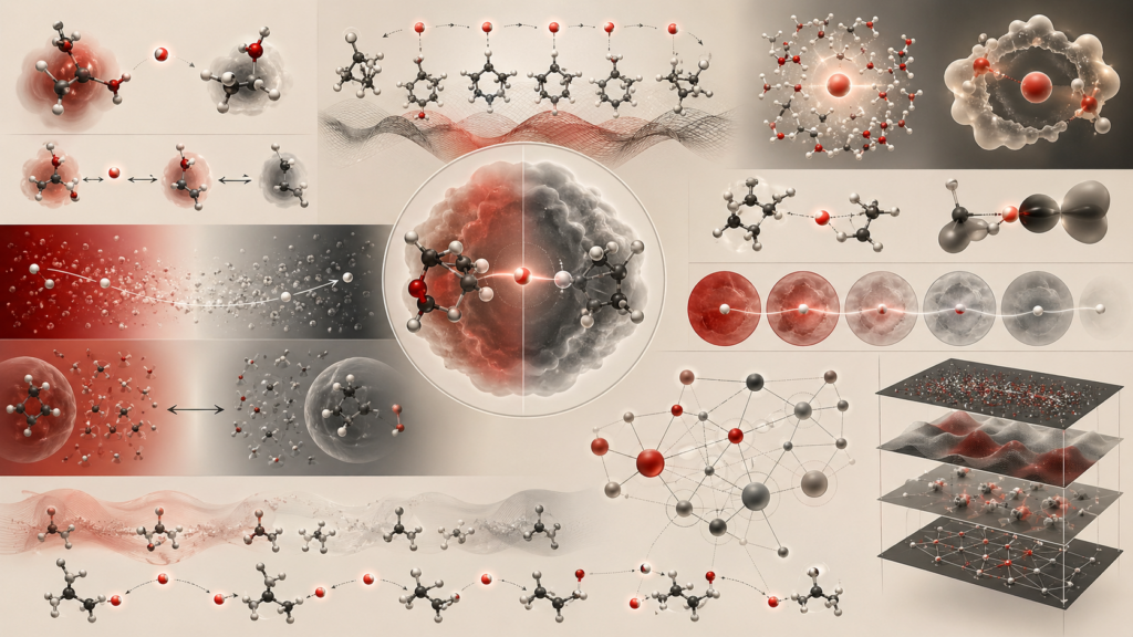Abstract editorial scientific illustration of acids, bases, proton transfer, donor-acceptor molecular pairs, pH-gradient fields, buffer systems, titration transitions, catalytic proton relays, and acid-base speciation workflows in cream, gray, black, and deep red.