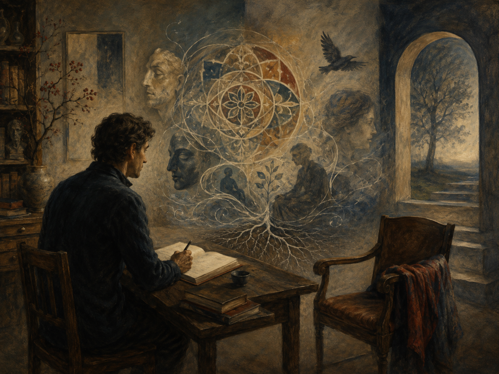 A seated figure writes in a journal while symbolic figures, mandala geometry, masks, roots, birds, and dreamlike presences emerge in the room.
