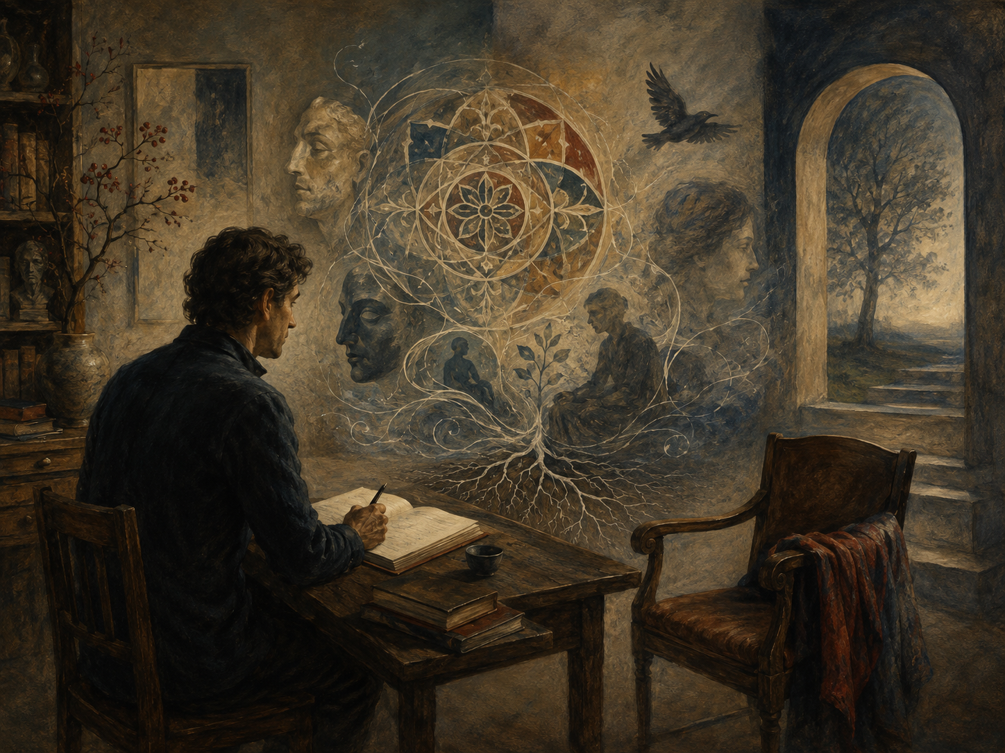 A seated figure writes in a journal while symbolic figures, mandala geometry, masks, roots, birds, and dreamlike presences emerge in the room.