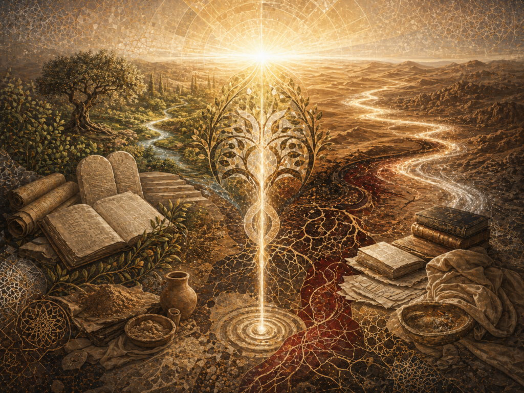Editorial illustration of Adam as a shared Abrahamic figure shown through a luminous garden-desert threshold, tree motif, dust and clay textures, manuscripts, stone tablets, flowing streams, repentance, mercy, and divine guidance.
