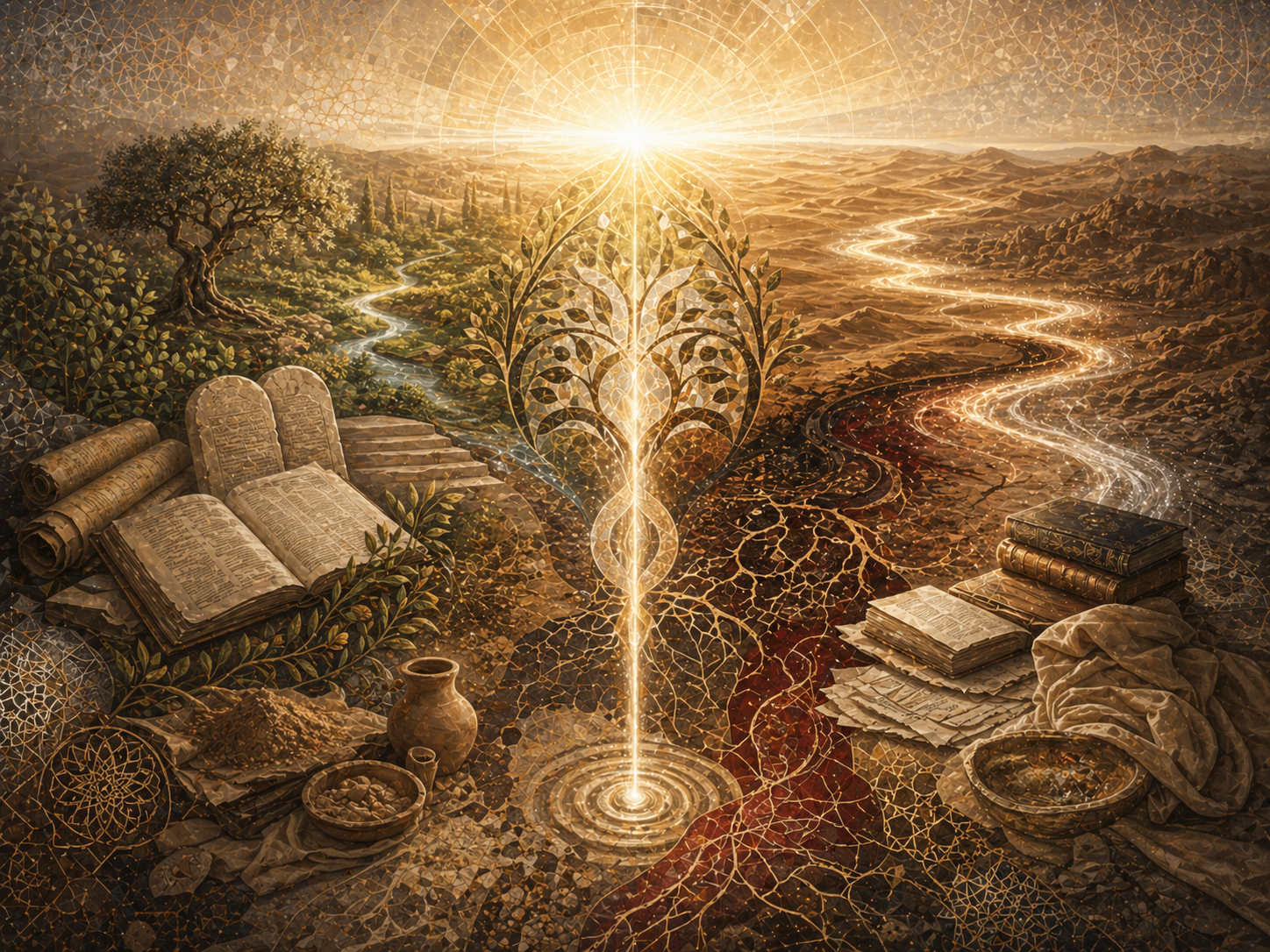 Editorial illustration of Adam as a shared Abrahamic figure shown through a luminous garden-desert threshold, tree motif, dust and clay textures, manuscripts, stone tablets, flowing streams, repentance, mercy, and divine guidance.