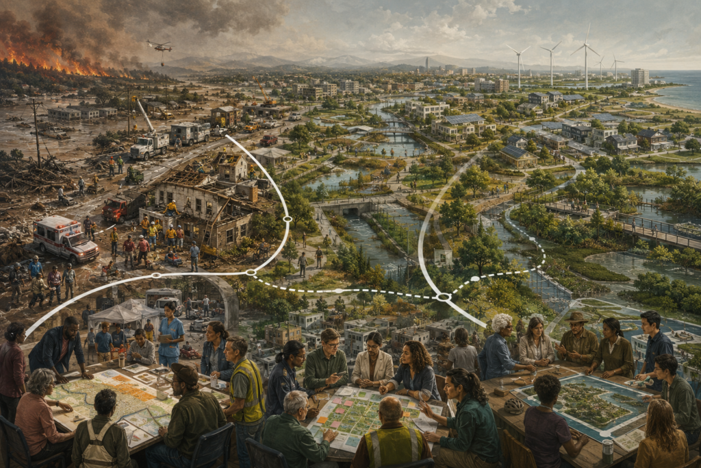 Editorial illustration showing recovery after disruption, adaptation to changing risk, and deeper transformation through resilient infrastructure, ecological restoration, and community planning.