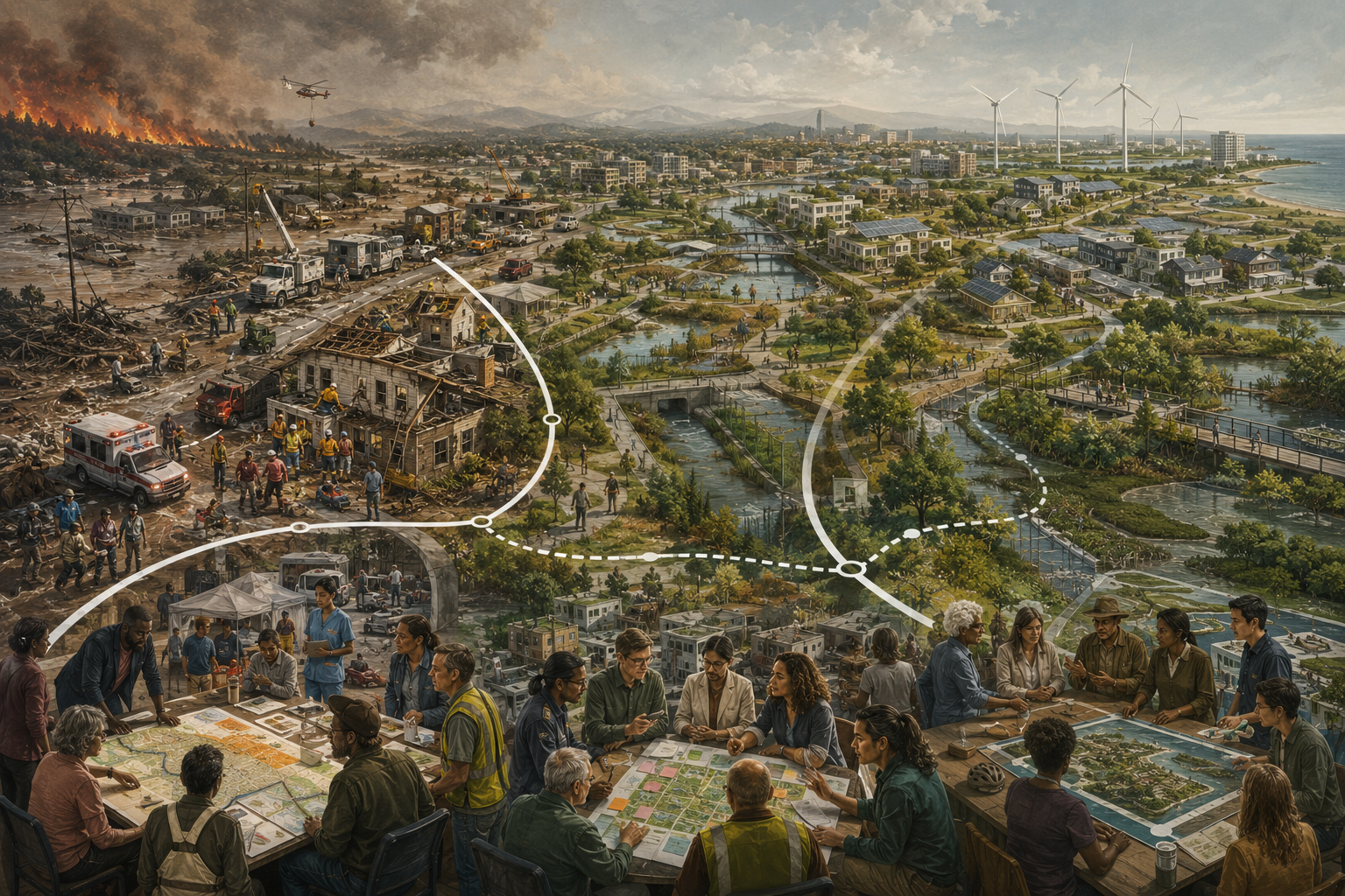Editorial illustration showing recovery after disruption, adaptation to changing risk, and deeper transformation through resilient infrastructure, ecological restoration, and community planning.