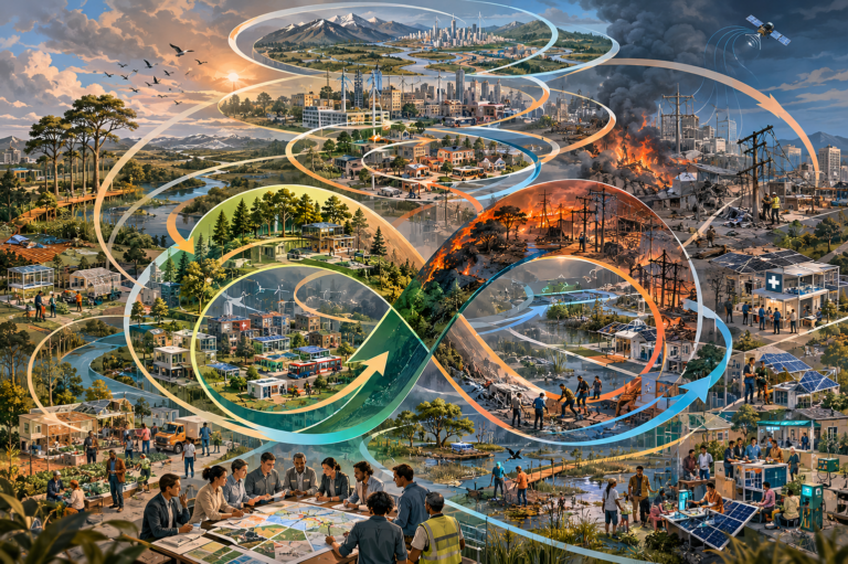 Editorial illustration showing nested adaptive cycles across ecosystems, cities, infrastructure, communities, and governance, with growth, conservation, release, and reorganization represented across social-ecological scales.