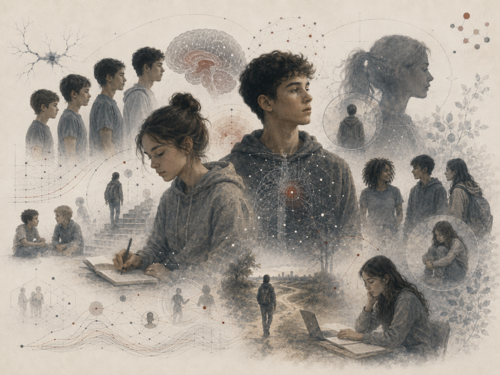 Research-grade illustration of adolescence and identity formation, showing teenagers in stages of psychological transition, self-reflection, peer interaction, emotional uncertainty, neural development, and emerging selfhood.