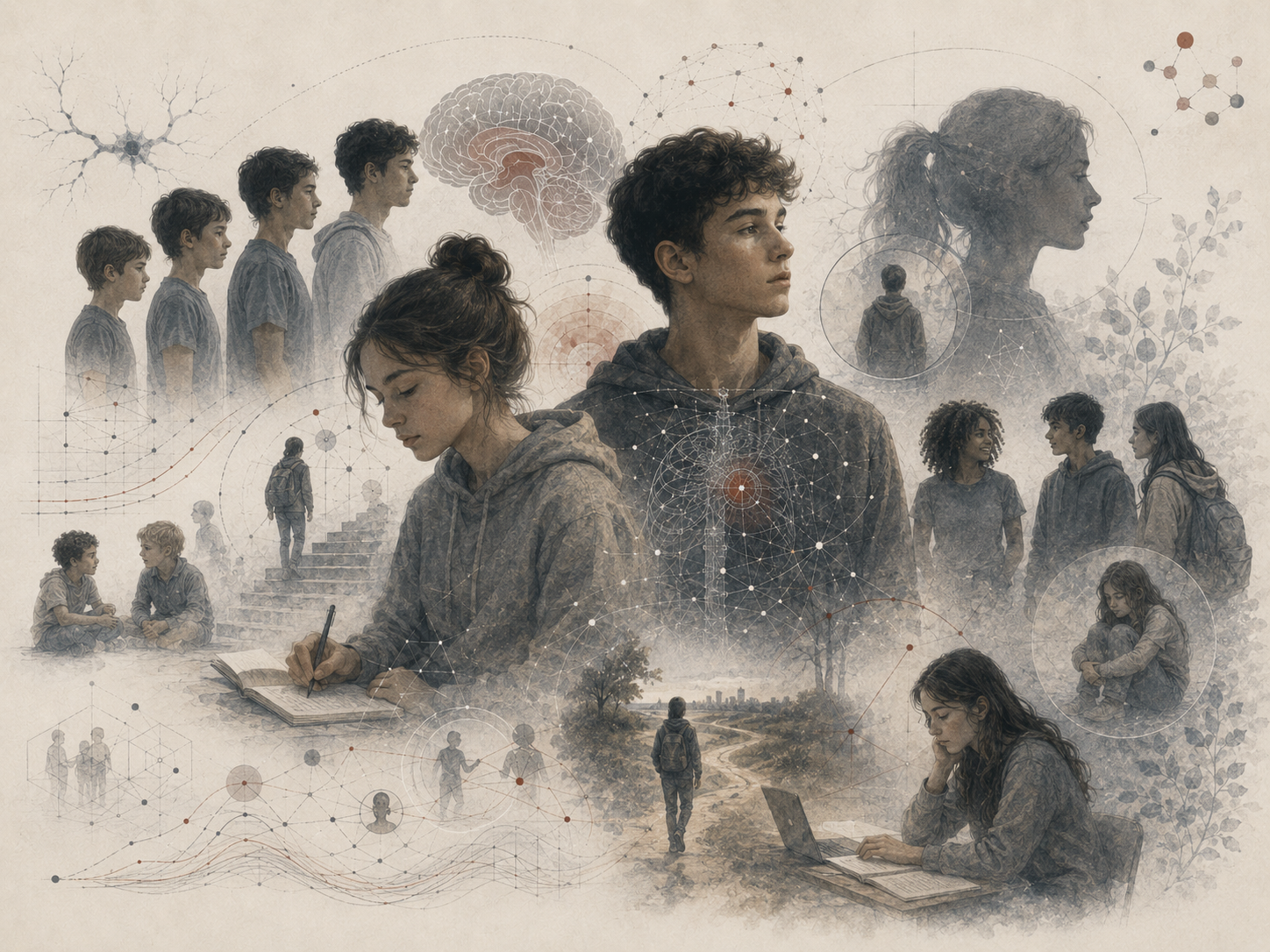Research-grade illustration of adolescence and identity formation, showing teenagers in stages of psychological transition, self-reflection, peer interaction, emotional uncertainty, neural development, and emerging selfhood.