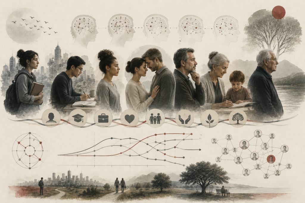 Research-grade illustration of adult development across life stages, showing emerging adulthood, relationships, work, caregiving, midlife reflection, later adulthood, aging, social networks, and changing psychological roles.