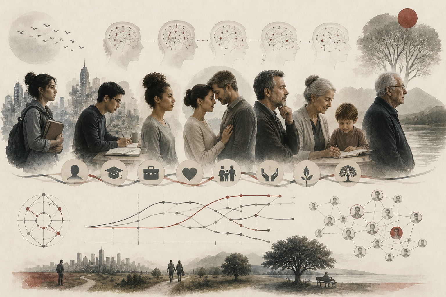 Research-grade illustration of adult development across life stages, showing emerging adulthood, relationships, work, caregiving, midlife reflection, later adulthood, aging, social networks, and changing psychological roles.