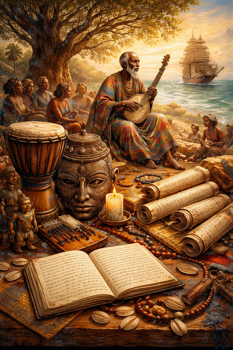 Editorial illustration of African and diasporic literature and cultural memory featuring oral performance, manuscripts, drums, ancestral objects, oceanic passage, and layered symbols of memory and survival