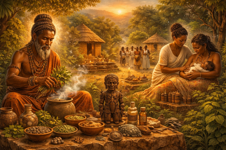 Editorial illustration of African healing traditions featuring a healer preparing herbs, ritual and protective objects, women providing maternal care, ancestral symbolism, and a communal landscape of restoration