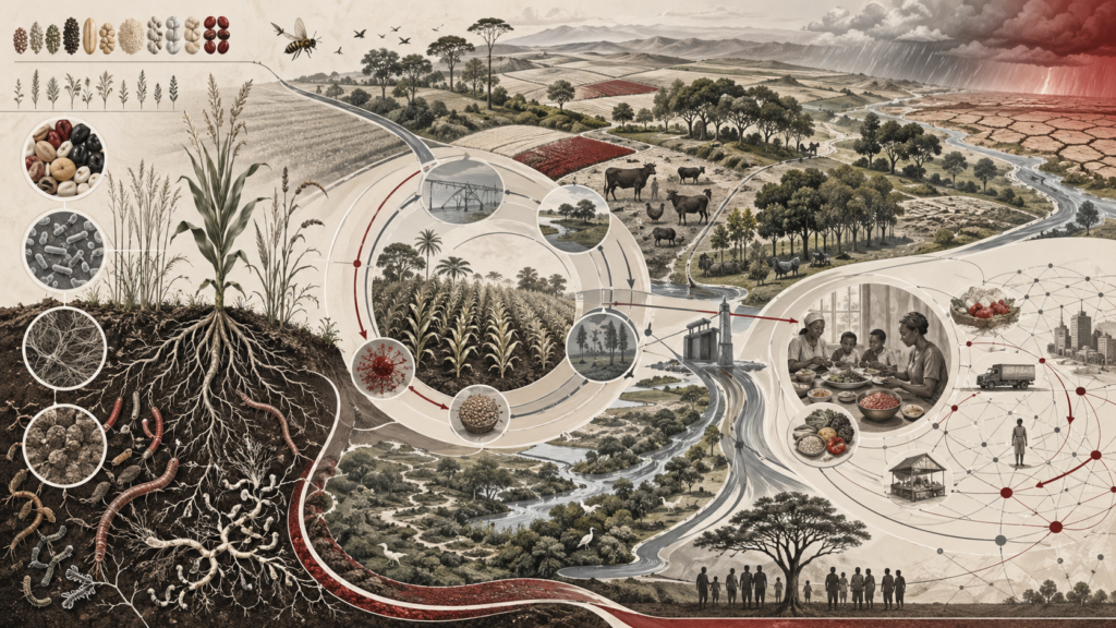 Abstract scientific illustration of agriculture and food systems showing crop fields, soil roots, microbes, fungi, earthworms, livestock, pollinators, water flows, biodiversity corridors, food distribution networks, household nutrition, climate stress, and community governance without text or labels.