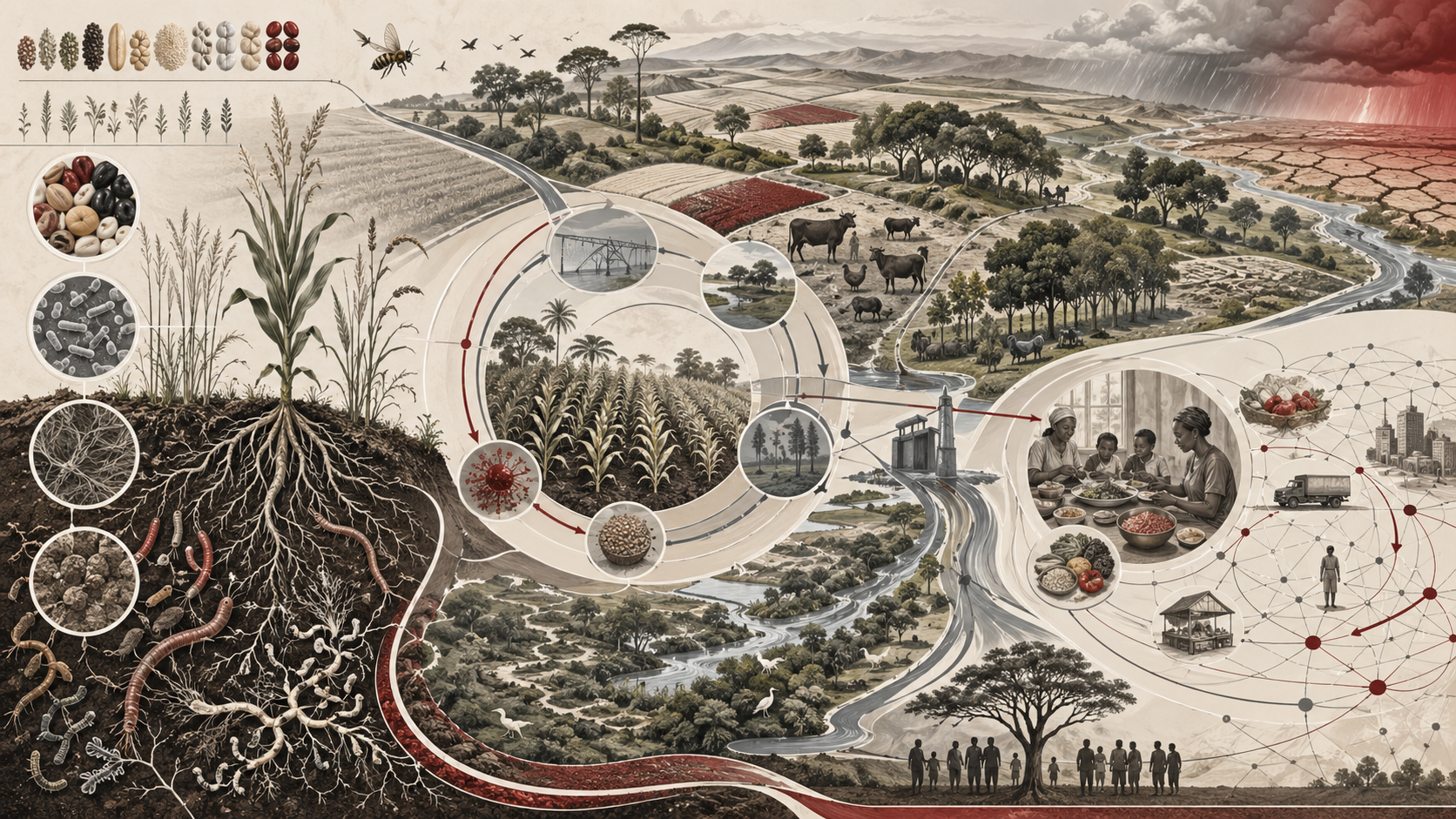 Abstract scientific illustration of agriculture and food systems showing crop fields, soil roots, microbes, fungi, earthworms, livestock, pollinators, water flows, biodiversity corridors, food distribution networks, household nutrition, climate stress, and community governance without text or labels.