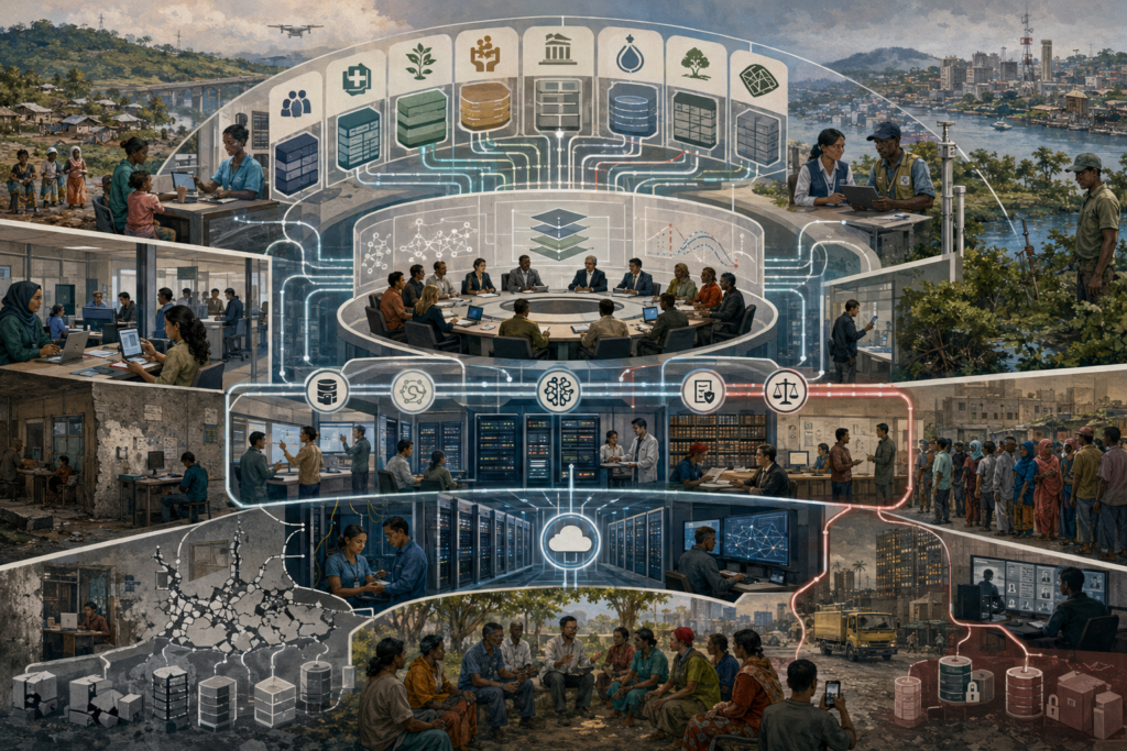 Editorial sustainability and governance illustration showing AI, public data systems, digital infrastructure, institutional oversight, community participation, and unequal access to accountable digital governance.