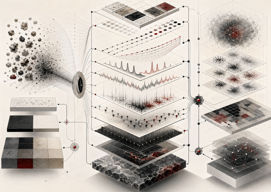Abstract editorial scientific illustration of analytical chemistry, unknown sample clusters, calibration layers, standards, chromatographic peaks, spectral signals, mass-fragment distributions, uncertainty clouds, chemometric feature maps, quality-control gates, and computational analytical workflows in cream, gray, black, metallic charcoal, and deep red.