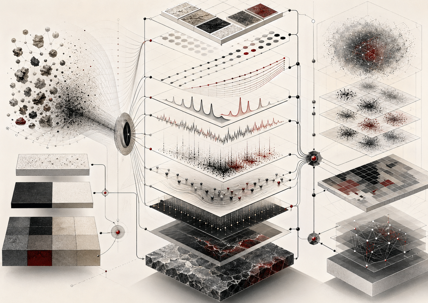 Abstract editorial scientific illustration of analytical chemistry, unknown sample clusters, calibration layers, standards, chromatographic peaks, spectral signals, mass-fragment distributions, uncertainty clouds, chemometric feature maps, quality-control gates, and computational analytical workflows in cream, gray, black, metallic charcoal, and deep red.