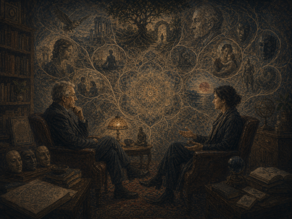 An analyst and client sit in a symbolic consulting room surrounded by mandala geometry, masks, dream scenes, books, relational images, and branching psychological pathways.