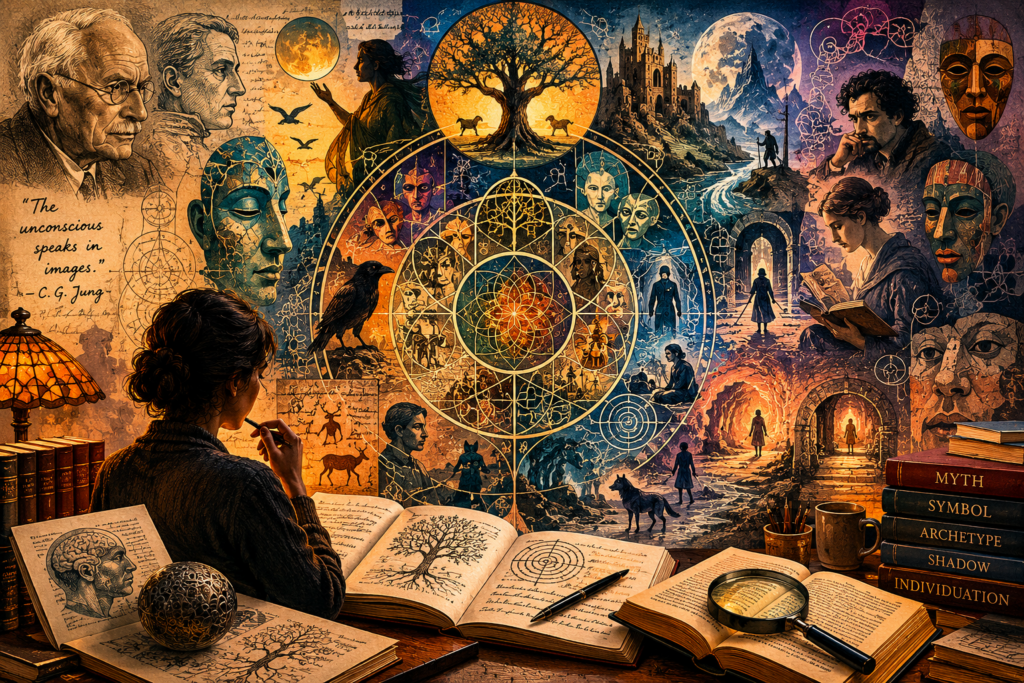 A scholar studies open books while Jungian symbols, archetypal masks, mythic figures, mandala geometry, shadow imagery, and literary scenes unfold across a richly layered wall.